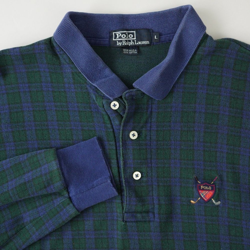 Vintage Polo Ralph Lauren Golf Blackwatch Plaid Shirt Long Sleeve Men Size L USA